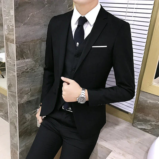 Suit (Blazer+ Vest + Pants) Men's Fashion Casual Outdoor Gentleman Business Wedding Slim-fit Formal British Style Wedding Suit