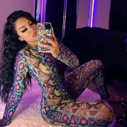 Women's Summer New Snake Patterned Long Sleeved Tight Fitting Jumpsuit One-piece Pants High Street Matching Nightclub Matching