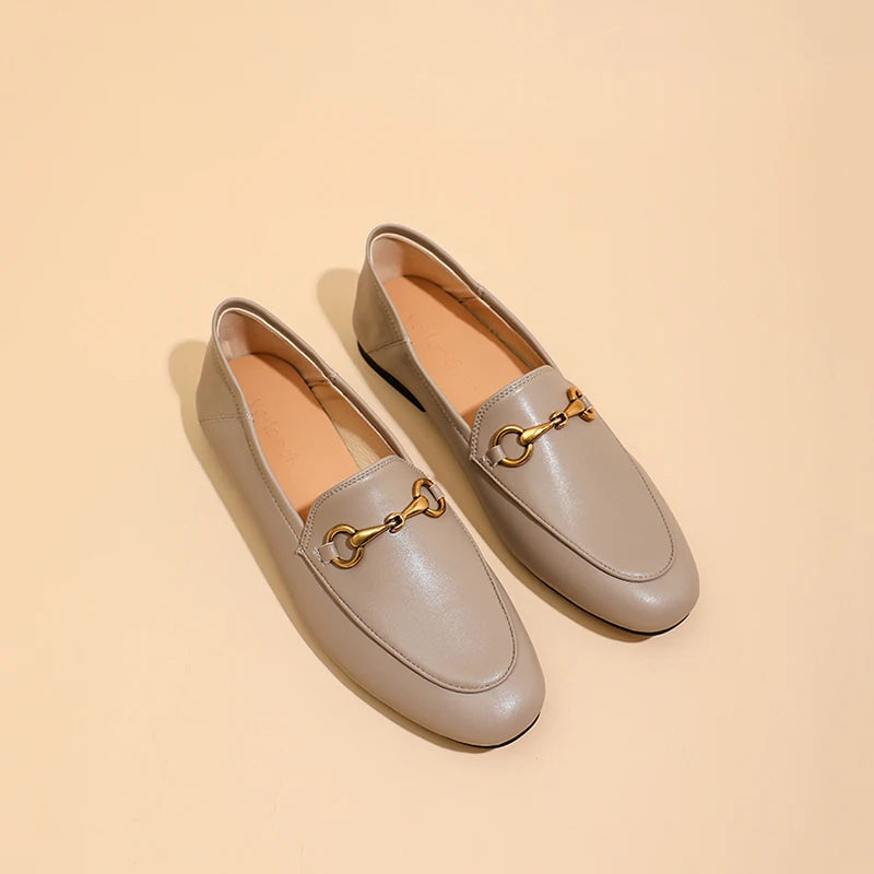 Solid Metal Buckle Loafers Spring Round Head Women Flats Outdooor Cover Heel Shoes Soft Sole Slip on Zapatos Mujer