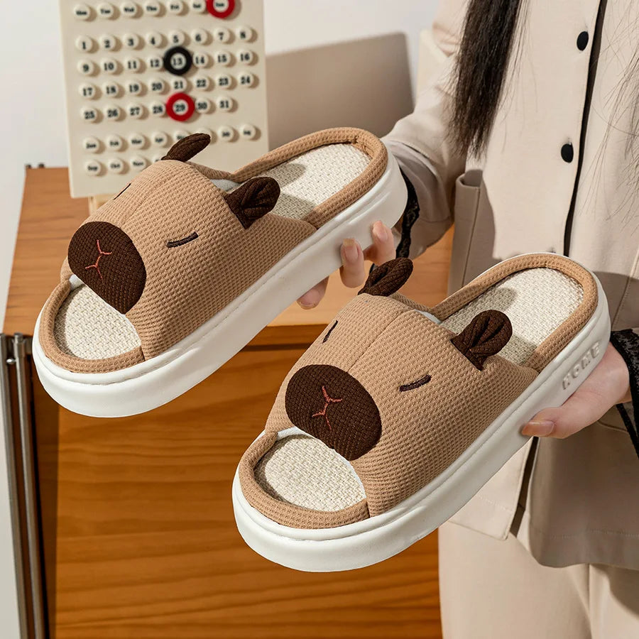 Women's Indoor Soft Home Slippers Summer Cute Capybara Cartoon Flax Thick Sole Anti-slip Bedroom Comfortable Fashion Shoes