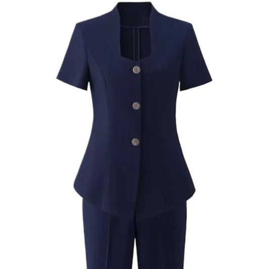 Women's Professional  Suit Set for Summer Short-Sleeve Formal Work Suit with Long Pants Beauty Salon & Hotel Front Desk