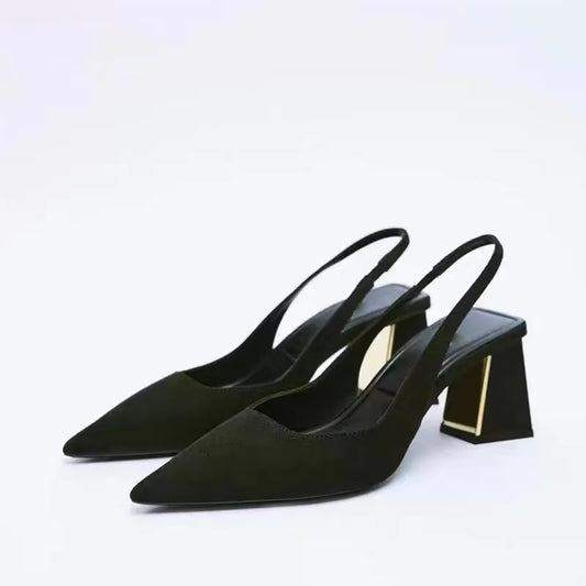 Fashion Block Heel Slingbacks Women 2023 Fall Pointed Toe Pumps Elegant Office Ladies High Heels Women's Comfortable Sandals