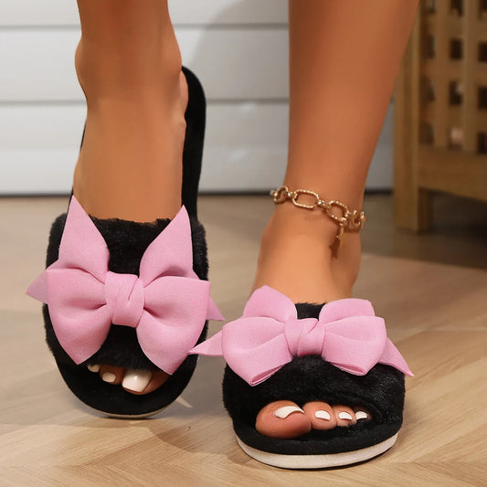Womens Bow Tie Plush Indoor Slippers - Cozy & Warm