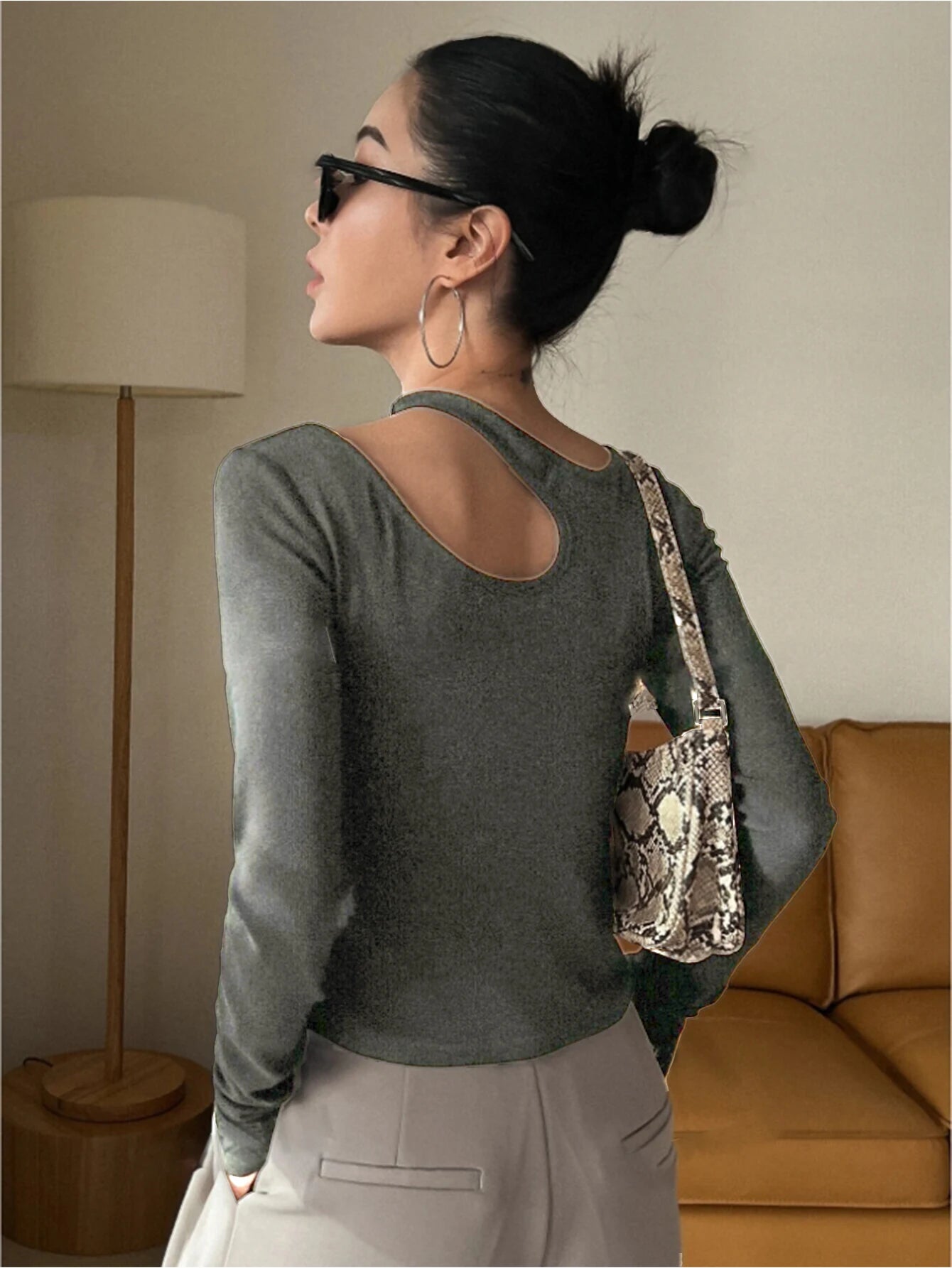 Women's Snake Skin Print Curved Hem Tee, Casual Long Sleeve T-shirt for Spring & Fall, Women's Top for Daily Wear