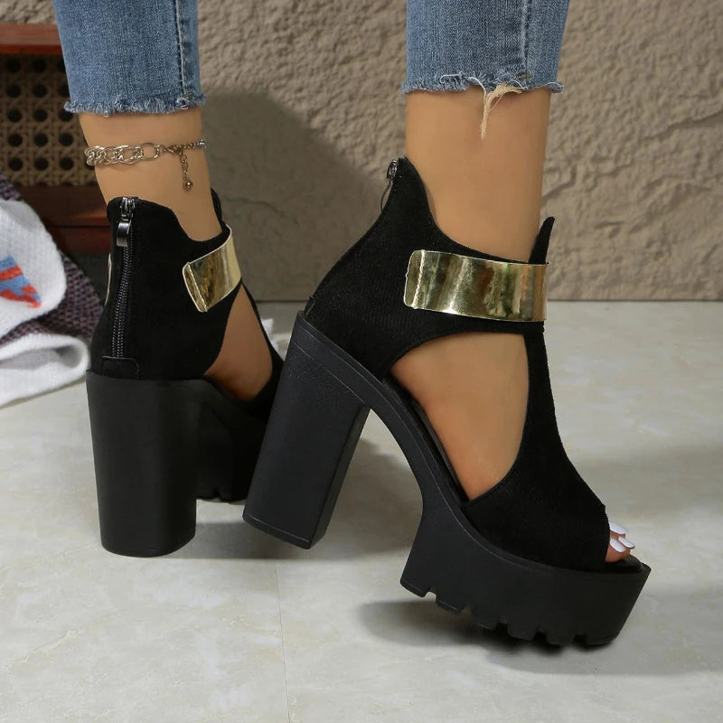 Women Classic High Heel Sandals Fashion New Round Toe Suede Open Toe Cutout Platform Rear Zipper Non-Slip Block Heel Shoes