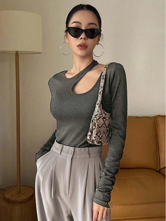 Women's Snake Skin Print Curved Hem Tee, Casual Long Sleeve T-shirt for Spring & Fall, Women's Top for Daily Wear