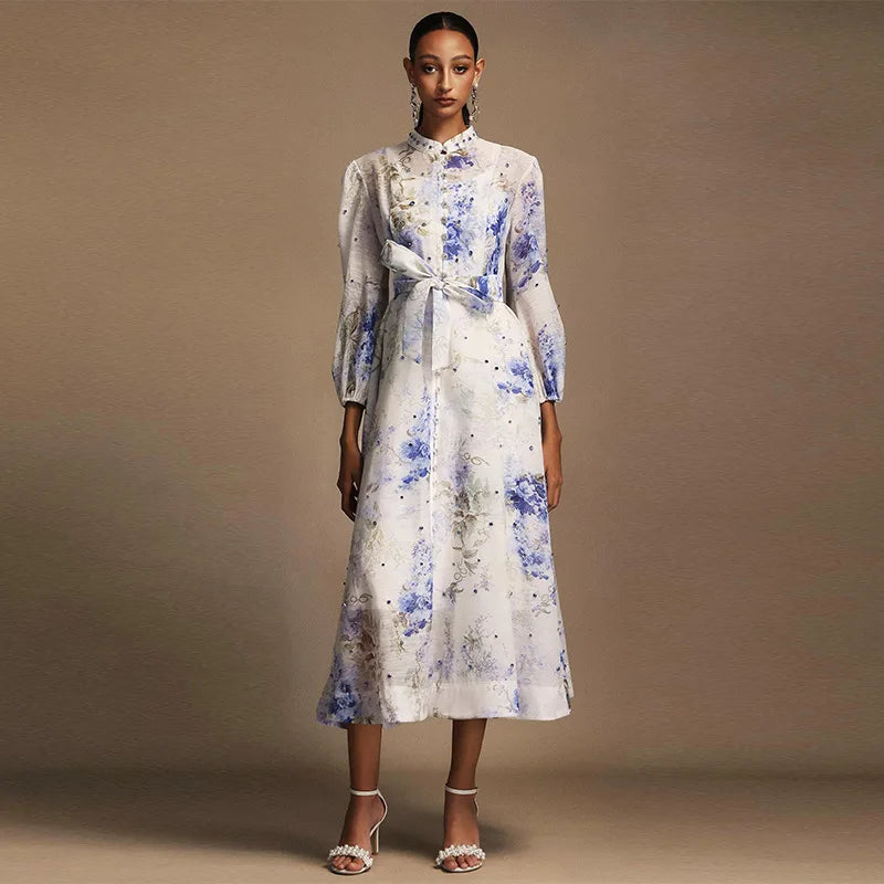 Women's Elegant Floral Printed Long Dress with Belt Casual Long sleeves Slim Fit Maxi Skirt 2025 Summer Fashion Evening Dress