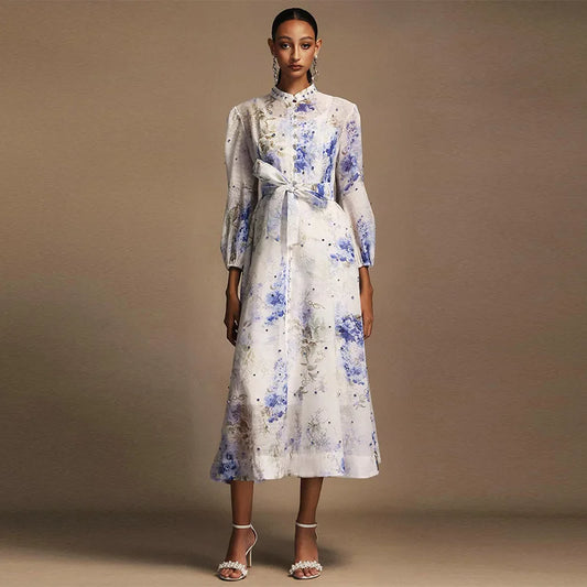 Women's Elegant Floral Printed Long Dress with Belt Casual Long sleeves Slim Fit Maxi Skirt 2025 Summer Fashion Evening Dress