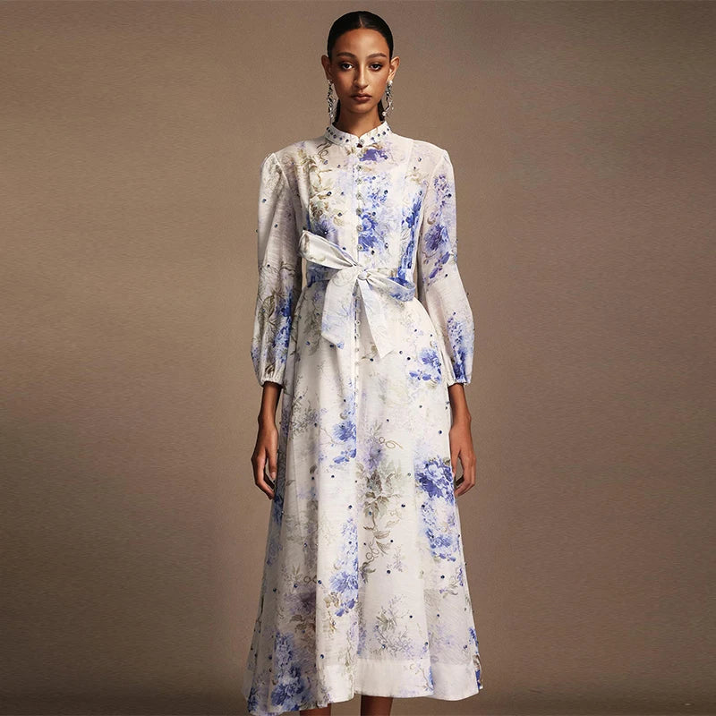 Women's Elegant Floral Printed Long Dress with Belt Casual Long sleeves Slim Fit Maxi Skirt 2025 Summer Fashion Evening Dress