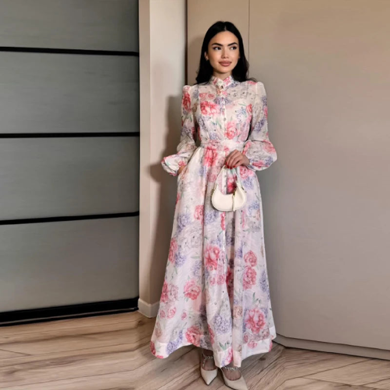 Women's Elegant Floral Printed Long Dress with Belt Casual Long sleeves Slim Fit Maxi Skirt 2025 Summer Fashion Evening Dress