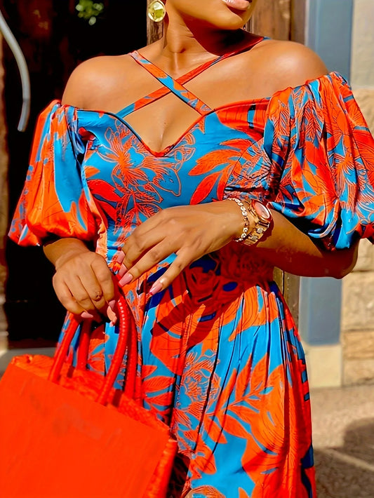 Women's Statement Floral Halter-Neck Side-Slit Short-Sleeve Maxi Dress