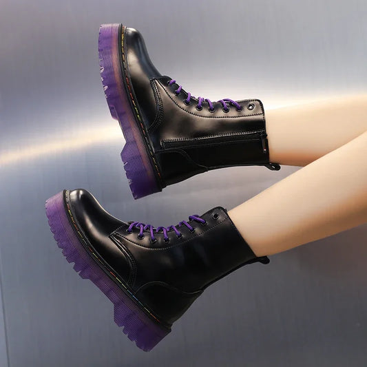 Ankle Boots for Woman 2025 New Women Increased Boots Fashion Genuine Leather PurpleCasual Motorcycle Luxury Shoes