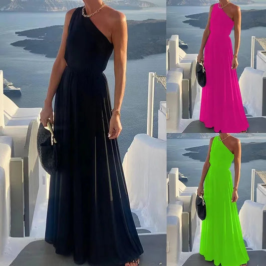 Sexy Off Shoulder Black Maxi Dress Women 2024 Summer Beach Sleeveless One Shoulder Long Dresses For Women Robe Femme