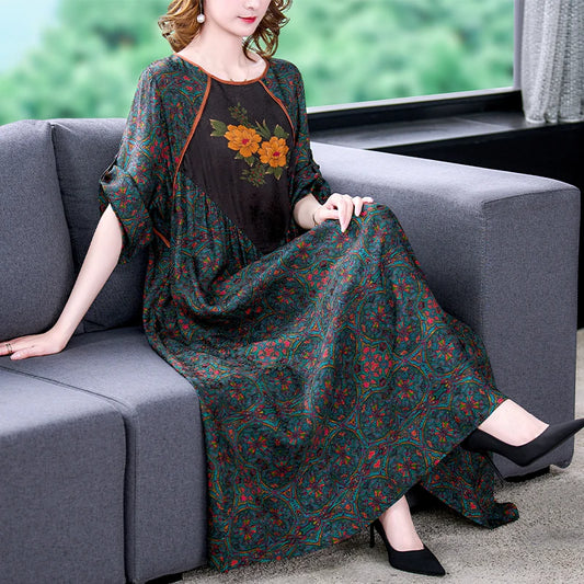 2025 Floral Mulberry Silk Maxi Dress Women Korean Vintage Casual Evening Dress Summer Elegant Loose Wasit Plus Size Party Dress