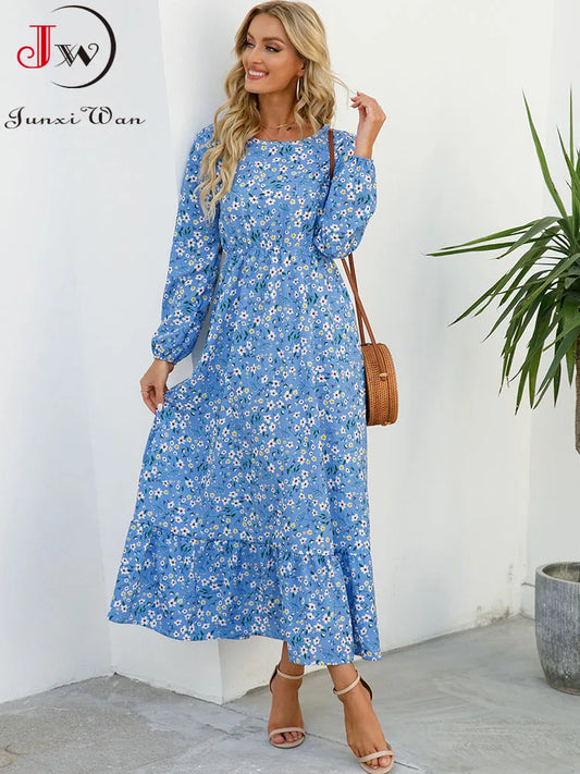 Elegant Floral Print Women Dress Spring Summer Casual O Neck Long Sleeve Chiffon A Line Long Maxi Dress Party Vestidos