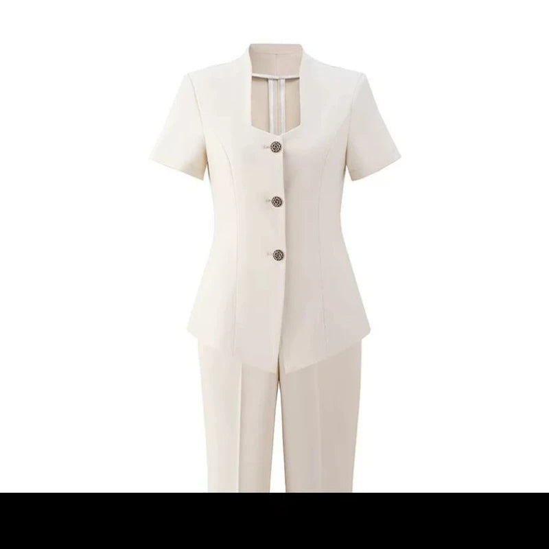 Women's Professional  Suit Set for Summer Short-Sleeve Formal Work Suit with Long Pants Beauty Salon & Hotel Front Desk