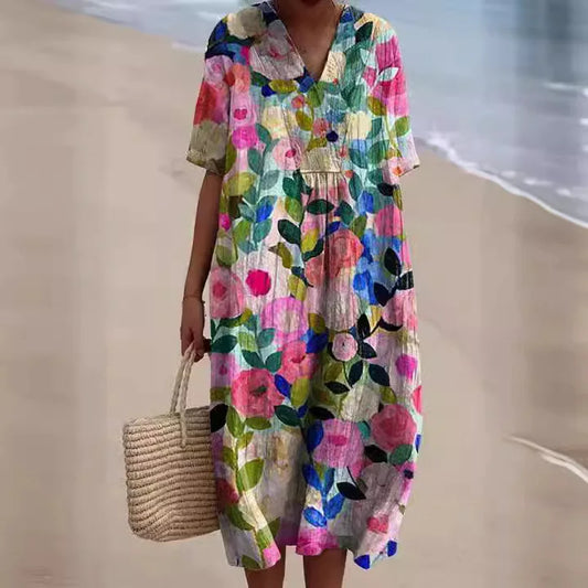 Women Floral Print Summer Maxi Dresses Colorful V Neck Short Sleeve Casual Loose Vacation Workout Beachwear Dress Robe Traf 2025