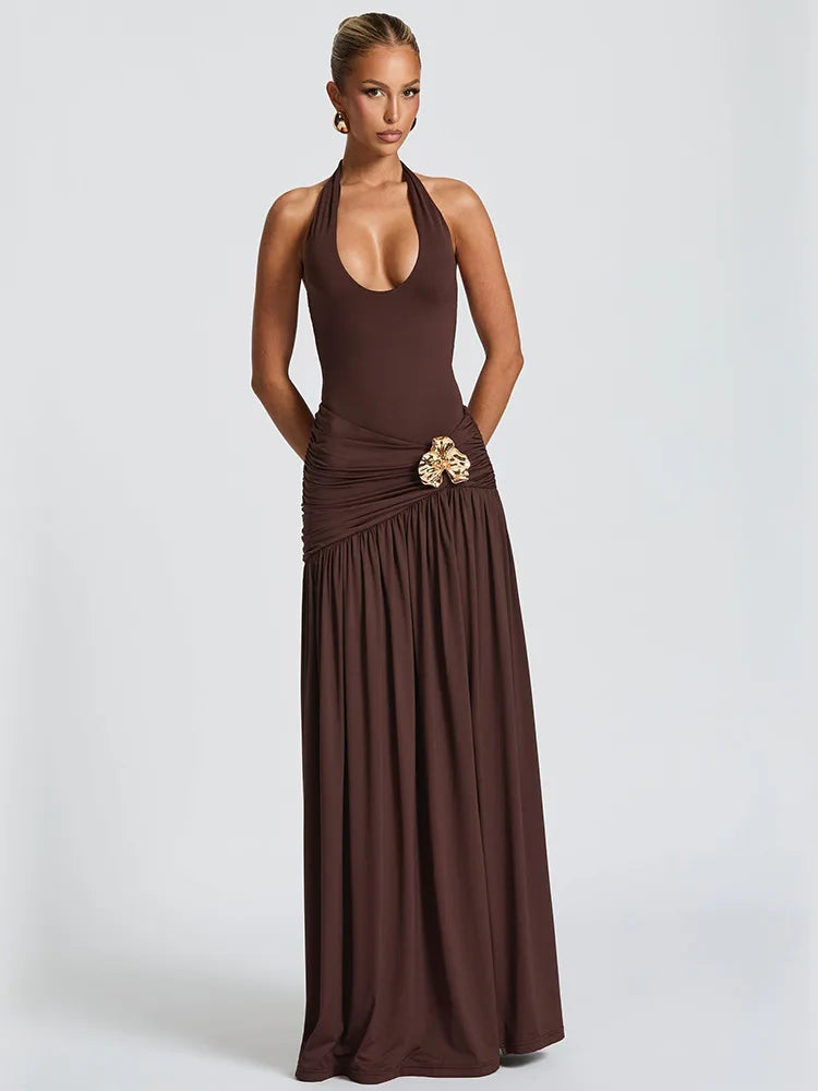 Women's Evening Maxi Dress Set U-Neck Tie Tank Bodysuit Backless Metal Buckle Ruched Sexy Split Slim Beach Partywear