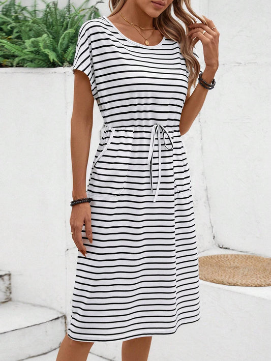 Black and White Striped Drawstring Waist Dress Women's Summer Casual Round Neck Short Sleeve Pocket Midi Skirt