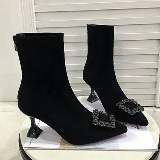 Ankle Boots Women Boots Women Shoes Woman Fashion High-heeled Pointed Flock Spring Autumn Rhinestone Short Boots