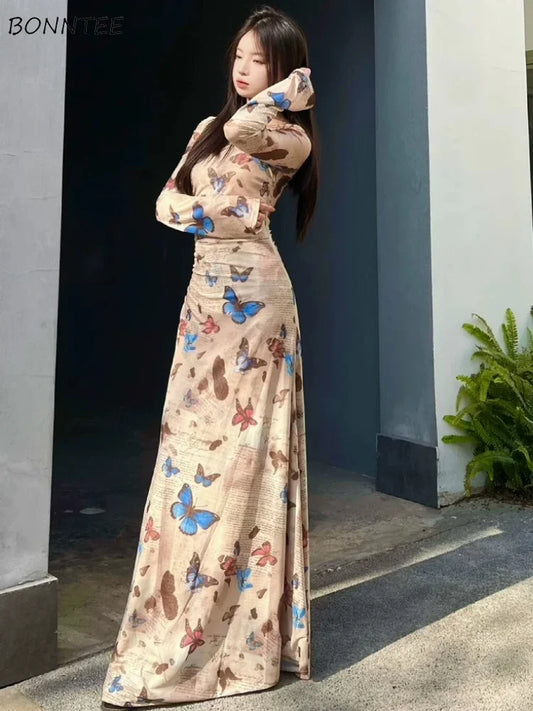 Maxi Dresses Women Vintage Butterfly-print Elegant Holiday Slim Temper Aesthetic Party Fashion Flare Sleeve Vestidos De Mujer