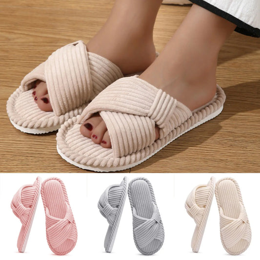 Ladies' Solid Color Home Anti slip Flat Bottom Simple Open toed Slippers Fashion Corduroy Comfort Soft Bedroom Cotton Slippers