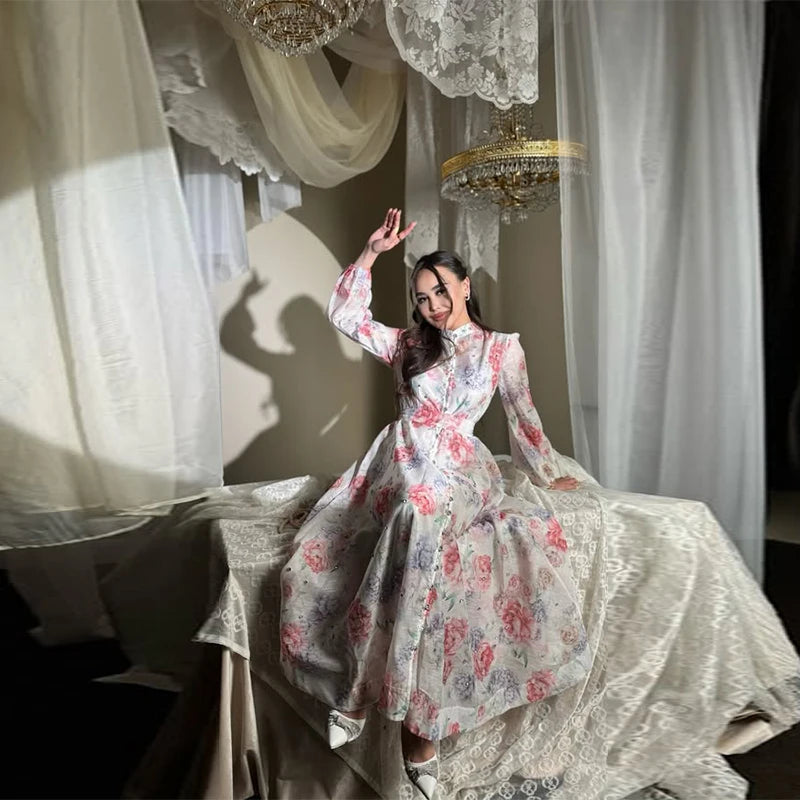 Women's Elegant Floral Printed Long Dress with Belt Casual Long sleeves Slim Fit Maxi Skirt 2025 Summer Fashion Evening Dress