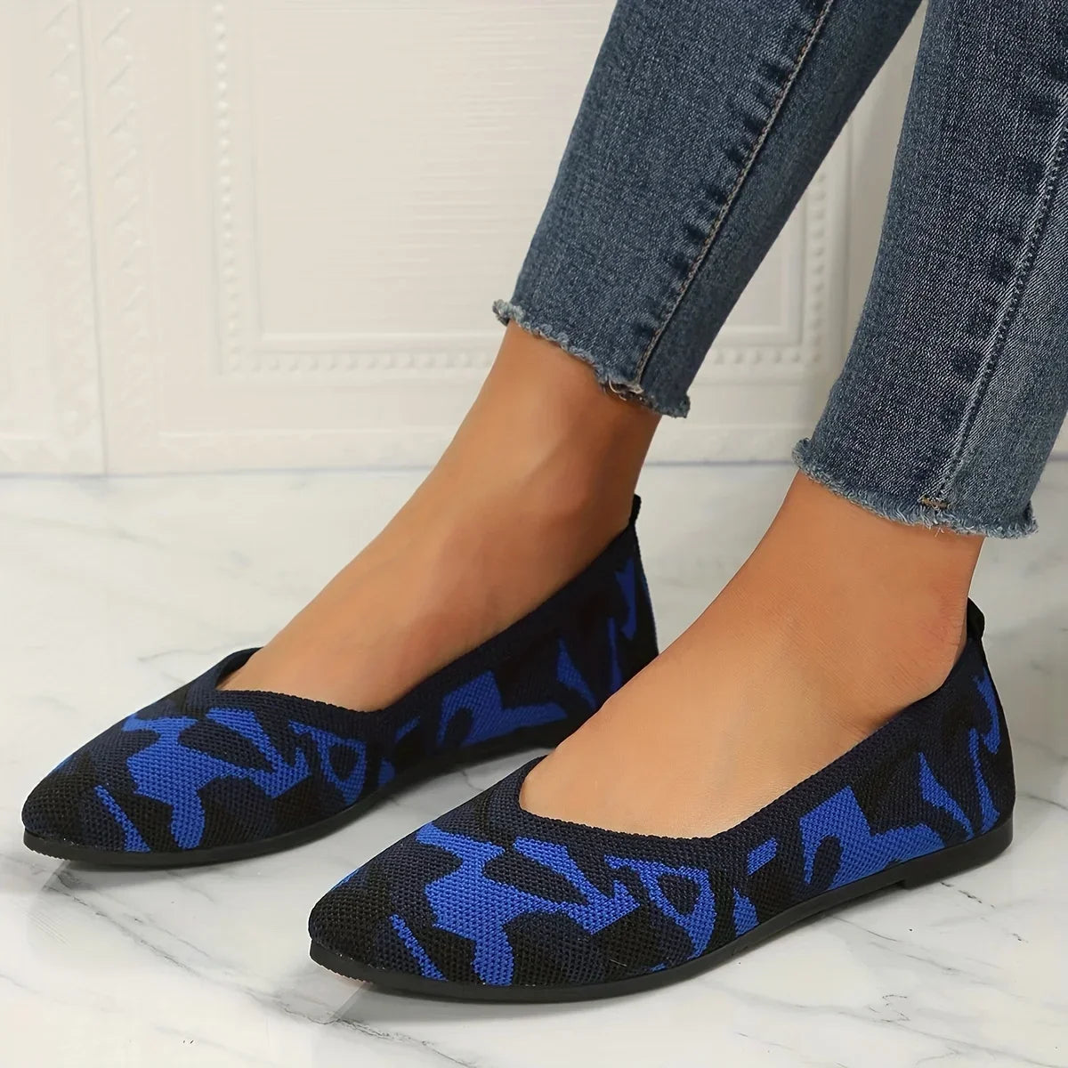 Women's Pointed Toe Flat Shoes Solid Color Knitted Slip on Shoes Casual Breathable Ballet Flats Women Flat Shoes Loafers Women