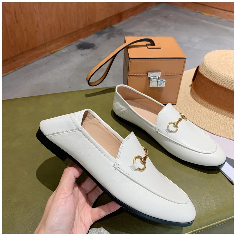 Solid Metal Buckle Loafers Spring Round Head Women Flats Outdooor Cover Heel Shoes Soft Sole Slip on Zapatos Mujer