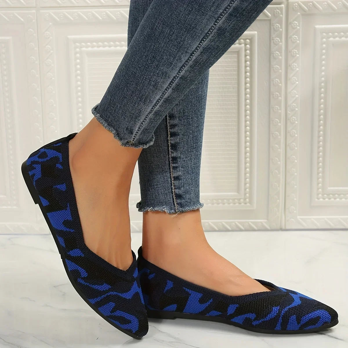 Women's Pointed Toe Flat Shoes Solid Color Knitted Slip on Shoes Casual Breathable Ballet Flats Women Flat Shoes Loafers Women