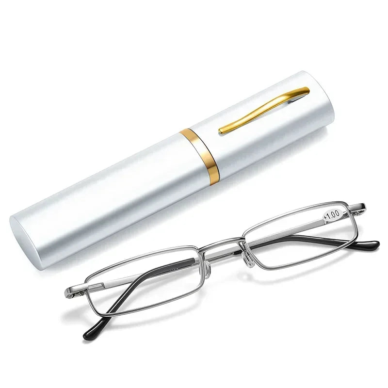 Reading Glasses Anti-blue Light for Men Women Metal Frame Portable HD Pen Holder Ultralight Glasses Eye Protection Goggles