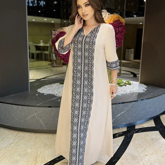 Muslim Maxi Dresses for Women Hijab Dress Elegant Woman Printed Ayabas Dresses Half Sleeve