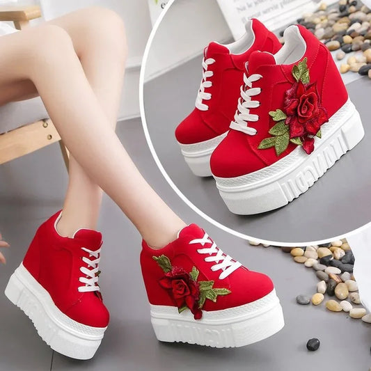 Embroidered Flowers Canvas Sneakers Autumn Women High Wedge Sneaker Fashion White/black/red Platform Woman's Sports Casual Shoes
