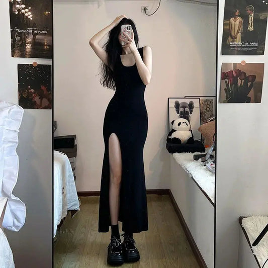 2025 Elegant Black Sleeveless Maxi Dress with High Side Slit, Bodycon Evening Party Gown