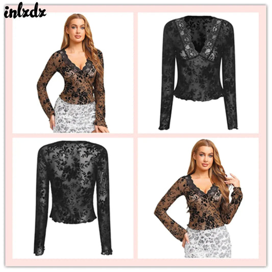 Womens Sheer Mesh Floral Crop T-shirt Tops Long Flared Sleeve V Neck Lace Trim Blouses Velvet Flocked Slim-fit Blouses Tops