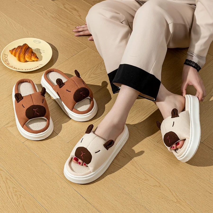 Women's Indoor Soft Home Slippers Summer Cute Capybara Cartoon Flax Thick Sole Anti-slip Bedroom Comfortable Fashion Shoes