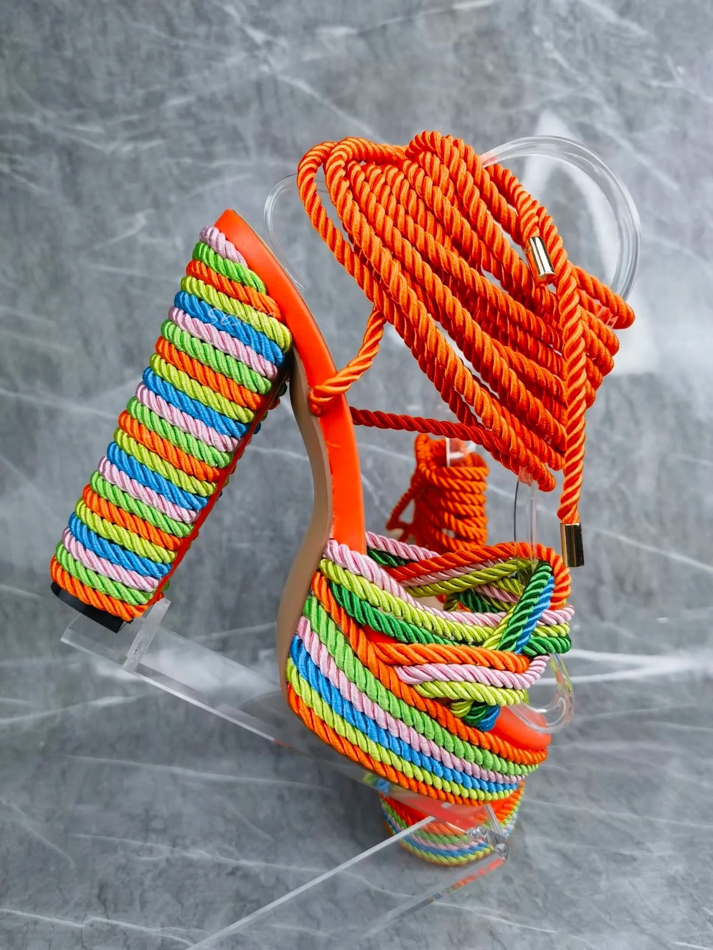 Colorful Rope Platform Sandals Block High Heels Open Toe Ankle Lace Up Fashion Women Summer Dress Party Daily Shoes Rubber Sole