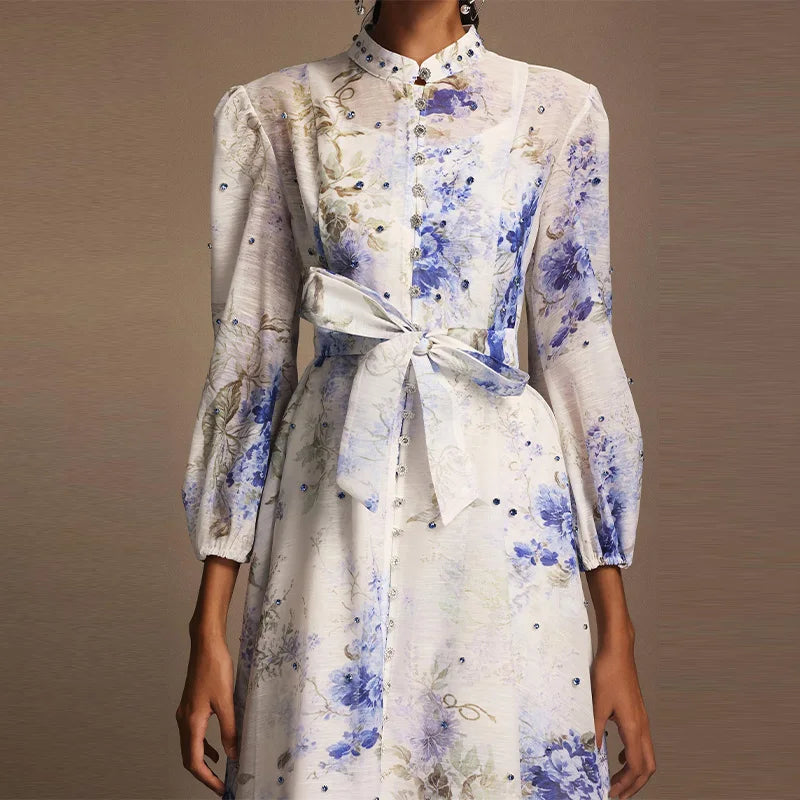 Women's Elegant Floral Printed Long Dress with Belt Casual Long sleeves Slim Fit Maxi Skirt 2025 Summer Fashion Evening Dress