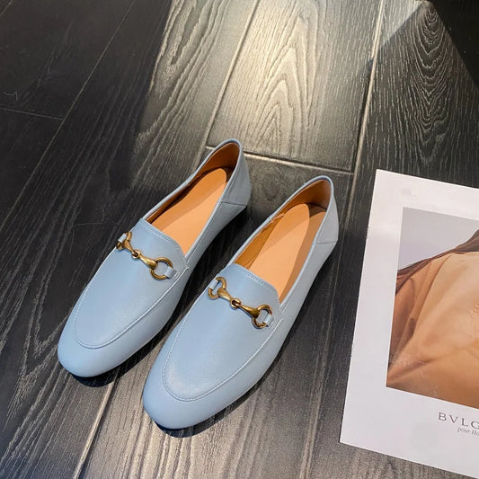 Solid Metal Buckle Loafers Spring Round Head Women Flats Outdooor Cover Heel Shoes Soft Sole Slip on Zapatos Mujer