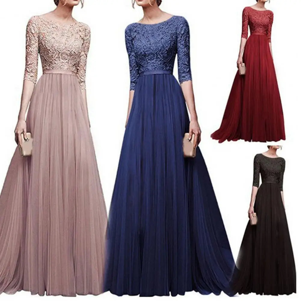 Women Maxi Dress Elegant Lace Flower Embroidered Maxi Evening Dress for Women Round Neck Half Sleeve Tight Waist Floor Length