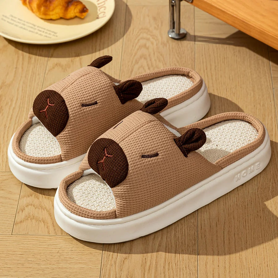 Women's Indoor Soft Home Slippers Summer Cute Capybara Cartoon Flax Thick Sole Anti-slip Bedroom Comfortable Fashion Shoes