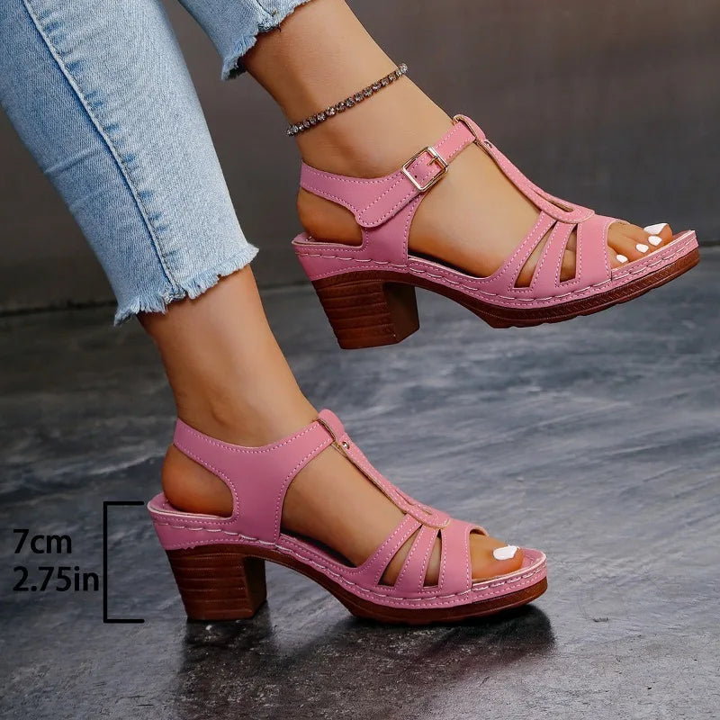 Women's High Heel Sandals 2025Summer New Wedge Heel Sandals Retro Leather Sandals Ladies Casual Platform Sandal Sandalias Mujer