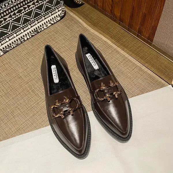 Pointed Toe Womens Loafers Shoes Metal Chain Platform Casual Female Sneakers Oxfords Slip-on Buckle Creepers On Heels Leat