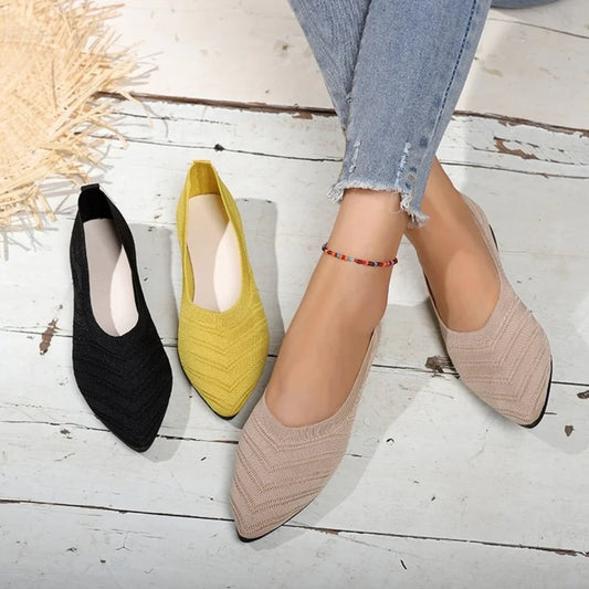 Women's Pointed Toe Flat Shoes Solid Color Knitted Slip on Shoes Casual Comfortable Breathable Ballet Flat Shoes for Women