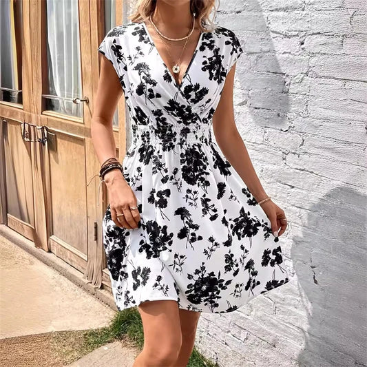 Floral Printed  Midi Dresses For Women Casual Loose V-Neck Short Sleeeve Short Skirts Fashion Sexy Style High Waist Dresses