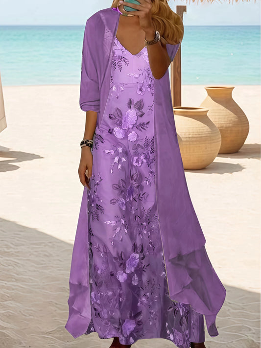 Plus Size Floral Print Maxi Dress with Sheer Cover, Bohemian V-Neck Two Piece Set