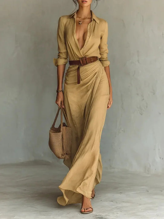 Elegant Shirt Maxi Dress with Belt Women Autumn Turn Down Collar Buttons Long Sleeve Robe Streetwear Office Ladies Dresses Black