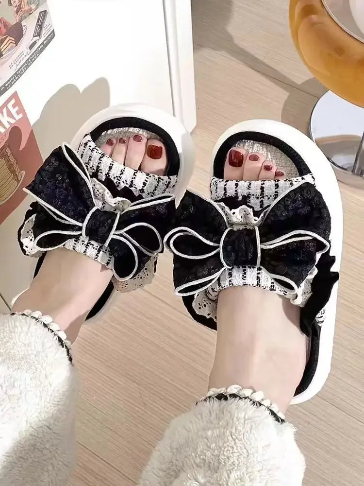 Summer Women's Linen Slippers Indoor Home Non-slip Shoes Cute Platform Sandals Fashionable Black Bow Shoes Soft and Comfortable