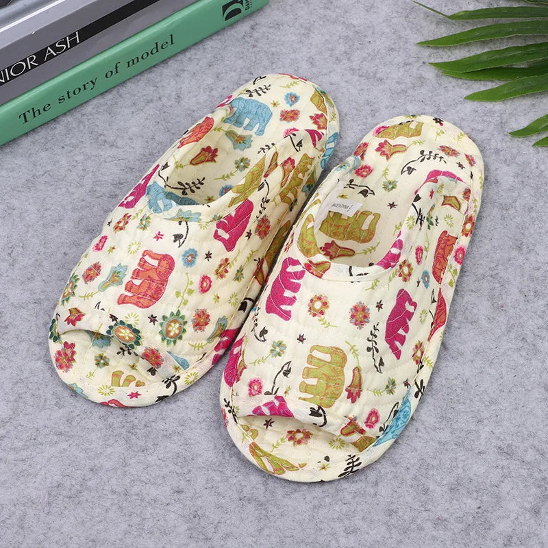 Women's indoor slippers, spring and autumn soft cotton slippers, women's retro floral home bedroom slippers