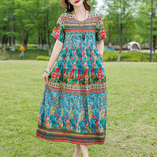 Floral Maxi Dress Backless Plus Size BohemianWomen Summer Elegant Large Hem Dresses short sleeve women clothing